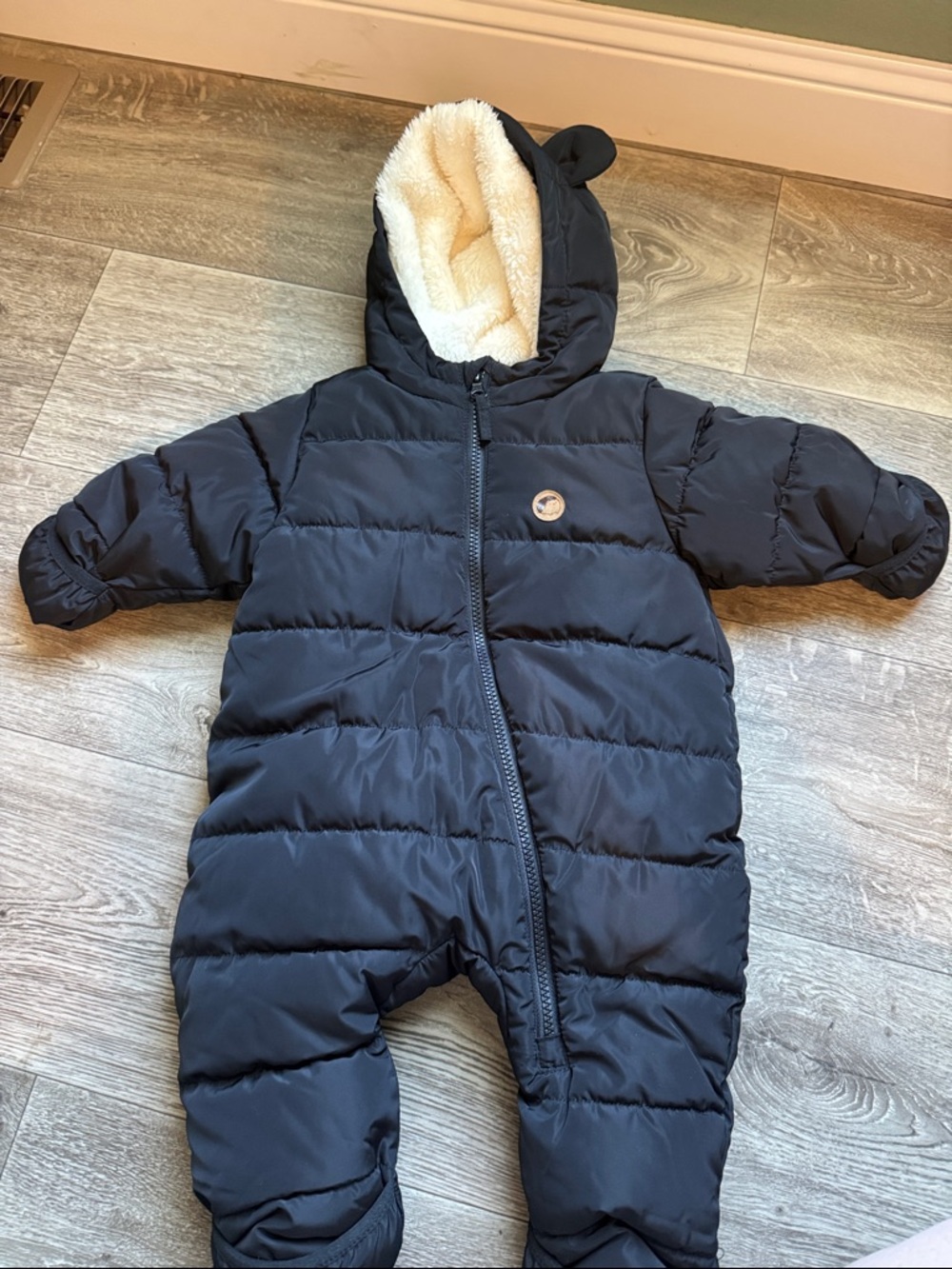 Navy Baby Puffer Snowsuit with Sherpa Lined Hood